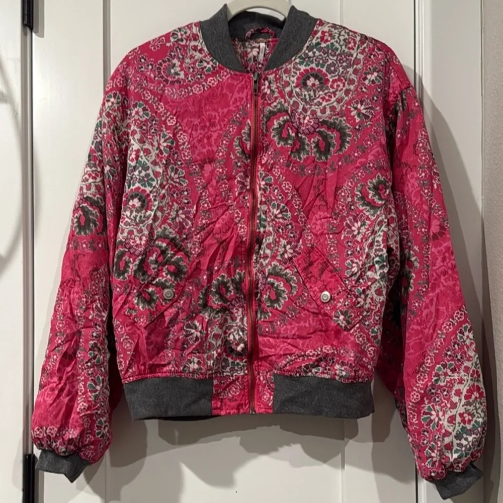 Free People Pink Paisley Bomber Jacket